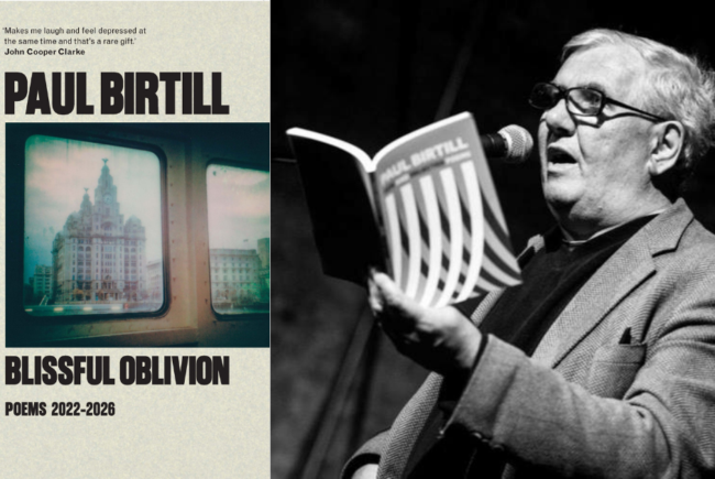 Cover of book and a photo of the author reading to an audience.